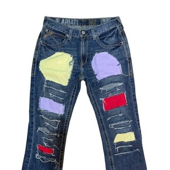 ARIAT Denim Blue M5 Low Rise Straight 31x34 Blue Jeans W/ Patches Distressed - Picture 4 of 12